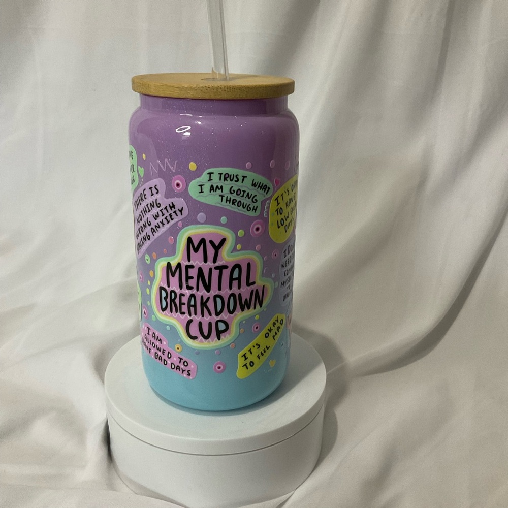 16 Ounce Handmade Shimmer Purple/Blue Glass Can Cup My Mental Breakdown Cup